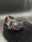     vintage Navajo Southwestern Sterling Silver Turquoise   Coral Watch Cuff By B