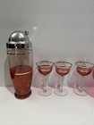 Vintage Mcm Cranberry   Gold Cocktail Shaker Set With 3 Glasses  Brandy Pitcher