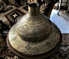 19th Cent Islamic Pierced Brass Floor Lamp Base   Arabic Calligraphy 19 X12 X 3