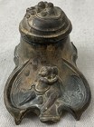 Vtg  Art Nouveau Bronze Inkwell With Ink Jar And Hinged Lid