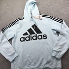Adidas Hoodie Mens Large Blue Pullover Fleece Sweatshirt 3 Stripes Logo Front