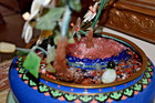 18  Vtg 2 Tree Peking  Jade   Mop Dogwood Tree In Blue 10  Cloisonne Bowl W base