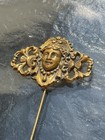 Antique Art Nouveau Repousse Figural Lady Face Brass Hatpin Victorian