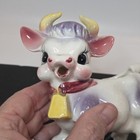 Vtg Purple Cow Ceramic Creamer small Pitcher decor Yellow Bell 5 25  Japan  Read