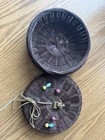 Vintage Chinese Sewing Basket W  Lid   Glass Beads  Coin Tassel