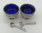 Vtg F B Rogers Silver Plate Salt Cellars With Spoons Set Of 2 Cobalt Blue Glass