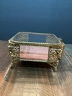 Vintage Gold Filigree Cupids Ormolu Jewelry Box Casket W  Beveled Glass