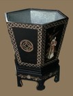 Oriental 3 Piece Octagon Planter W  Stand   Insert Hand Carved   Painted Figures