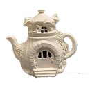Charming Teapot Roses Fairy House 8  X 9  Ceramic Bisque  Ready To Paint