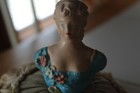 Vintage Chalkware Victorian Lady Pin Cushion Ruffle Layered Dress 