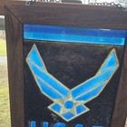 Usaf Air Force Stained Glass Hanging Window Panel Wood Frame Blue Black Decor