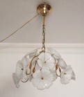 Vintage 1980s Murano White Daisy Glass Chandelier     Small Brass Light Fixture  1
