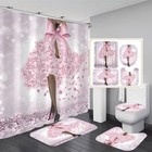 4pcs Pink Shower Curtain Set Flower Shower Curtain Bathroom Set With Rugs Wom   