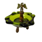 Vintage Early American Green Glass Eagle Ashtray Brass Plate Wood Feet 1960 s
