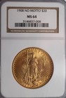 1908  20 St Gaudens No Motto Gold Double Eagle Ngc Ms64