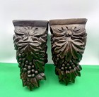 Antique Hand Carved Rustic Mahogany Leaf And Grapes Corbel Wall Shelf Pair
