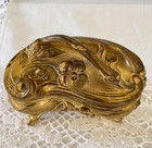 Antique Footed Metal Art Nouveau Lined Jewelry Casket Dresser Trinket Box Ornate