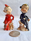 Vintage Ceramic Pixie Elves Black   Red Sitting On A Stump Japan 1950s