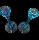 Vintage Italian Cobalt Blue Etched Floral Uranium Glass Candlesticks
