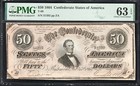 T-66 1864  50 Confederate Currency Pmg 63 Epq Civil War Fifty Dollar Bill 31392