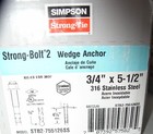 8 Simpson Strong Bolt   3 4  X 5-1 2  316 Stainless Steel Wedge Anchors