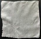A  Vintage White Linen Hankie Monogram M Hand Embroidery Wedding Bride 12x12