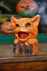 Antique Paper Mache Orange Cat On Fence Halloween Lantern Bucket Vintage Old
