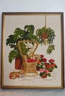 Vintage 1977 Crewel Sunset Designs Wicker Chair Cat Floral Embroidery 17x23 Boho