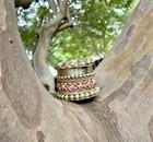 Vintage Boho Brass Copper Tibetan Trinket Jewelry Box Turquoise Inlay Ornate