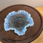 Vtg Fenton Blue Opalescent Hobnail Ruffled Edge Glass Bowl 6 Inch Mcm Decor