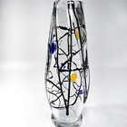 Stunning Heavy Clear Glass Vase Picasso Style Black Applied String W Blue Yellow