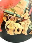 Antique 3d Wood Hand Carved Asian Figures On Lacquer Painted Plaque 12 Inch Dia