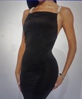 Womens Size M Black Satin Solid Maxi Dress Square Neck Beaded Backless Party