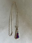Vintage Navajo Sterling Silver Multi Stone Inlaid Pendant On Handmade Chain
