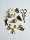 Vintage Sewing Related Charm Lot- Scissors  Irons  Thimbles  In Cute Box