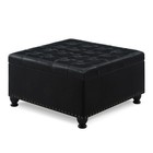 Square Storage Ottoman Pu Leather Footstool Button Wood Legs 30 x30 x18  Beige