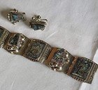 Vintage Taxco Mexico Sterling Silver 925 Abalone Panel Link Bracelet Earring Set