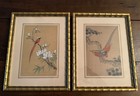 2 Vintage Original Asian Silk Paintings Art Birds Flowers Framed 8x10 Pics 6x8