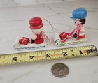 Set Of 2 Vintage Wooden Christmas Ornaments Children Sledding With Gifts