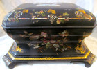 Antique 1800s Victorian Black Lacquer Footed Sewing Box Inlaid Mop   Contents