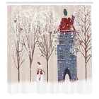 Christmas Shower Curtain  Snowy Courtyard Tree And Snowman In Front Of House    