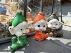 Vtg Japan Ceramic Orange Green Christmas 3 Sitting Pixie Elf Figurine Set