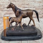 Signed Bronze Horse Sculpture Mare And Foal Statue With Two Tone Patina