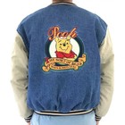Vintage 90s Silly Old Bear Denim Letterman Jacket Cartoon Bomber Coat