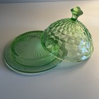 Uranium Glass Butter Dish Cube Pattern Green Depression Glow Lid