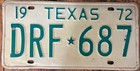 Vintage Old 1972 Texas Auto Car License Plate Drf 687 White   Green