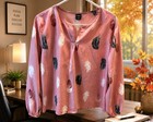 Dusty Rose Feather Print Business Blouse Size Large Office Career Wear Size L