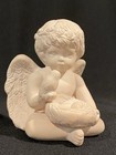 Vintage 5 In Unpainted Ceramic Sitting Cherub Angel Baby With Bird And Nest
