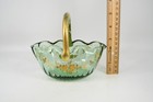Antique Vtg Green Glass Basket Victorian Gold Enamel Floral Flowers Handle Glows