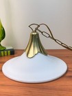 Vtg Art Deco Mcm Brass Hanging Pendant Light Fixture Saucer Milk Glass Shade 15 